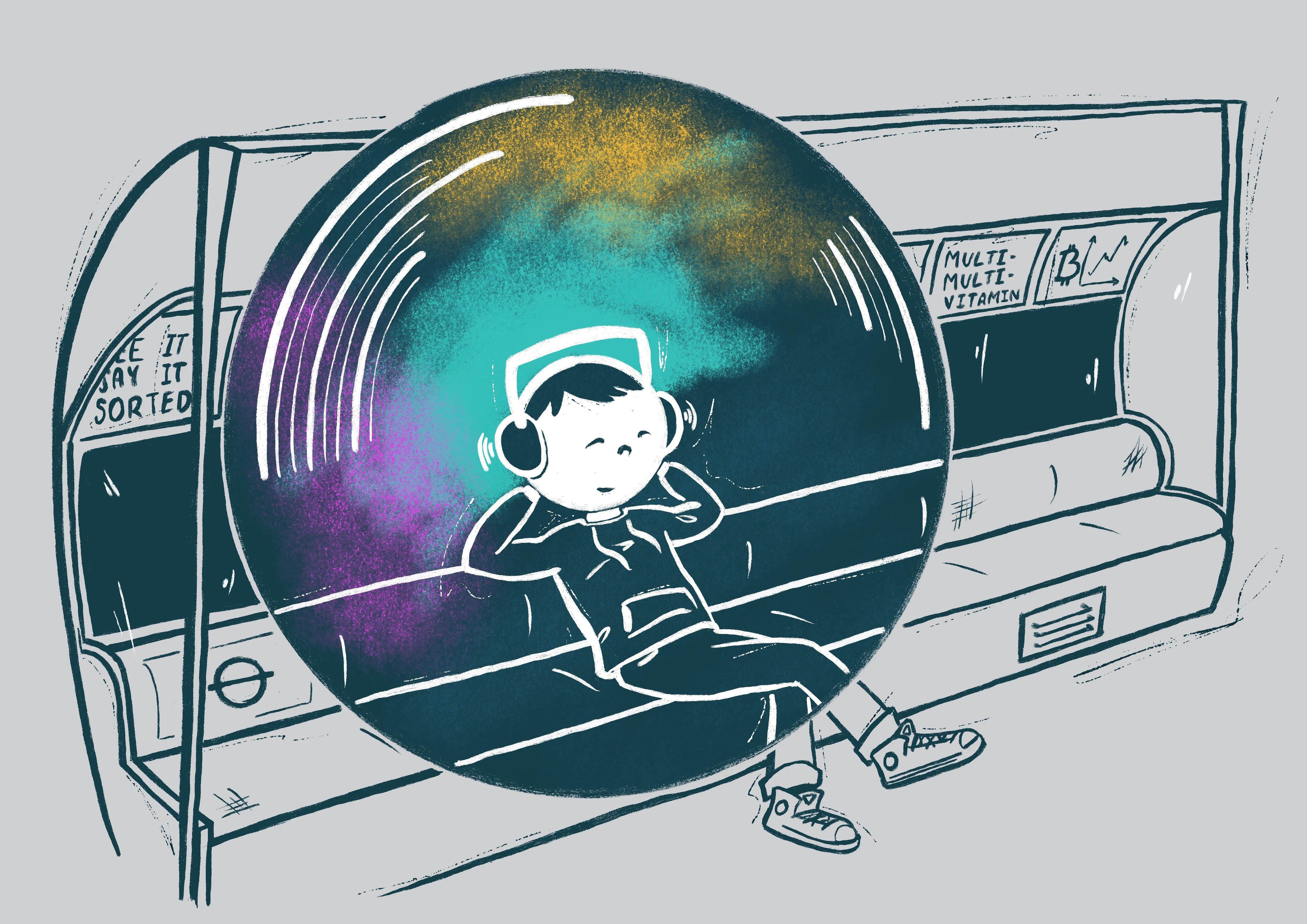 A young person on an Underground train listening to music.