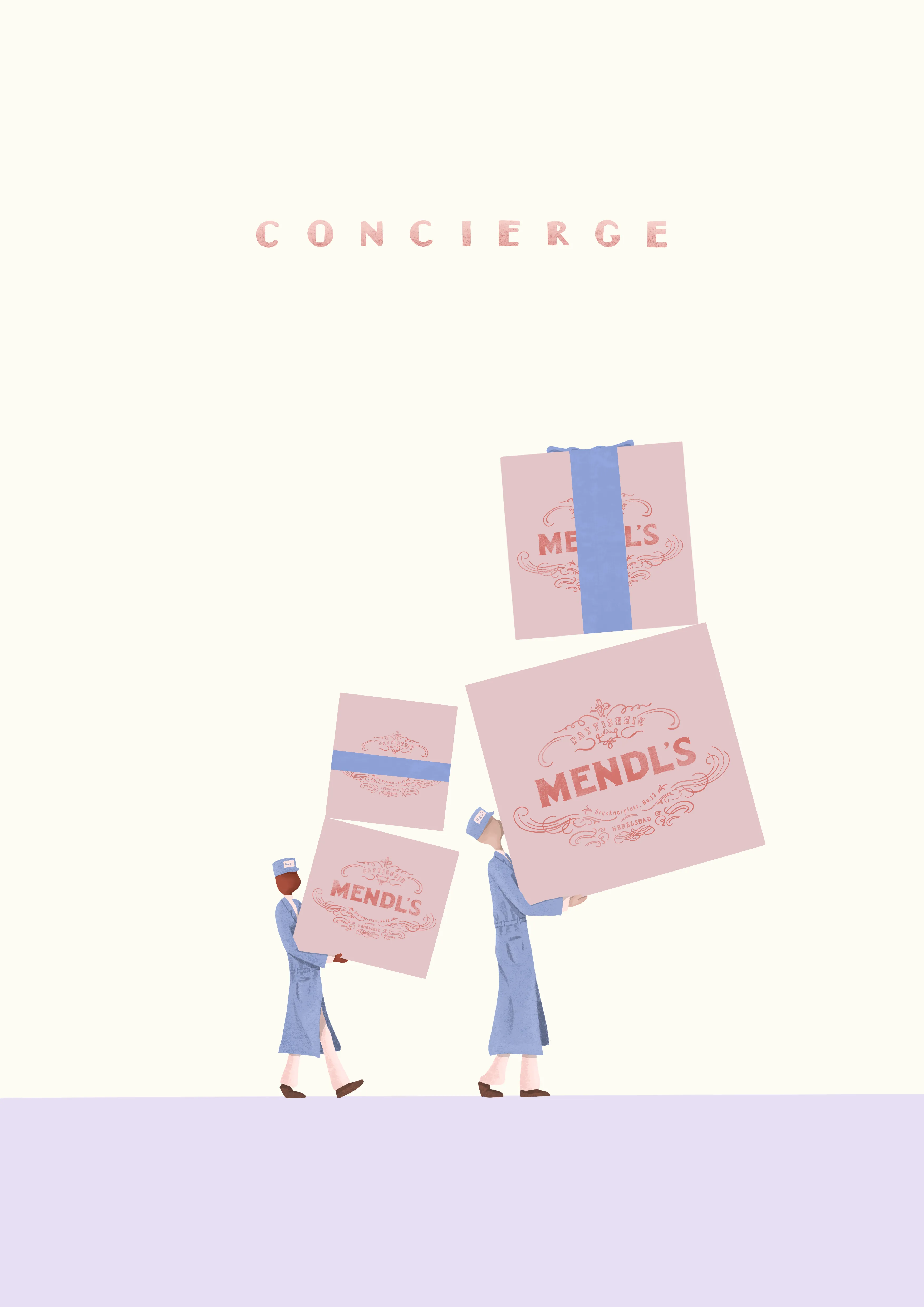 A faithful Lobby Boy carrying cake through the Grand Budapest Hotel.