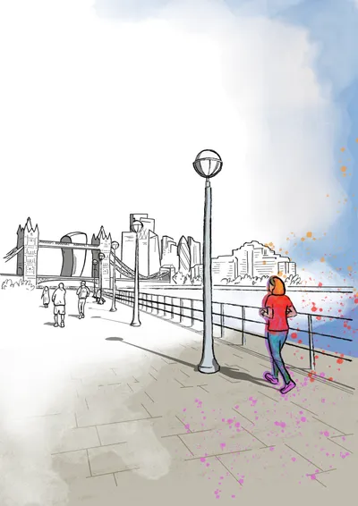 A runner ushering colour along the Thames Path