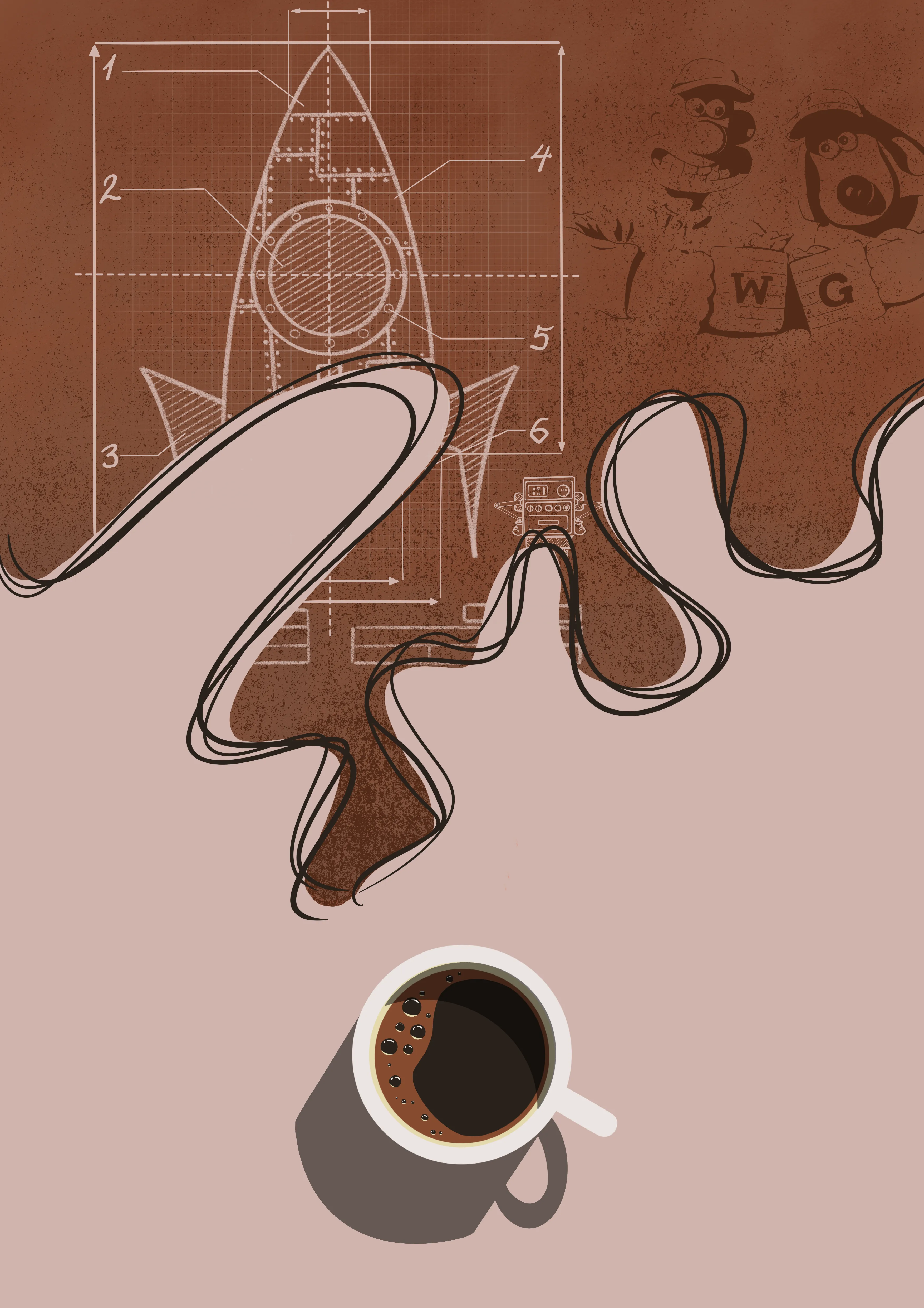 A cup of coffee fuelling a rocket blueprint