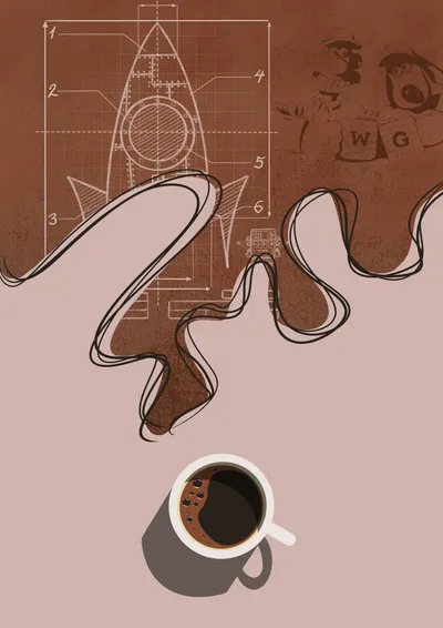 A cup of coffee fuelling a rocket blueprint